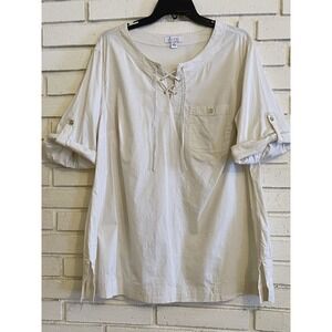 Denim & Co. Roll Tab Sleeves & Tie Neck‎ Chambray Tunic White Size 1X